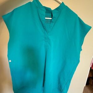 Figs Blue Boxy Cap Sleeve Blouse with Mandarin Collar